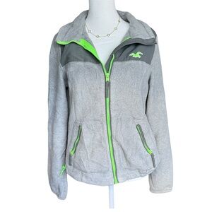 Hollister Gray Zip Up Fleece Women’s Small Cozy Jacket Neon Green Trim Full Zip